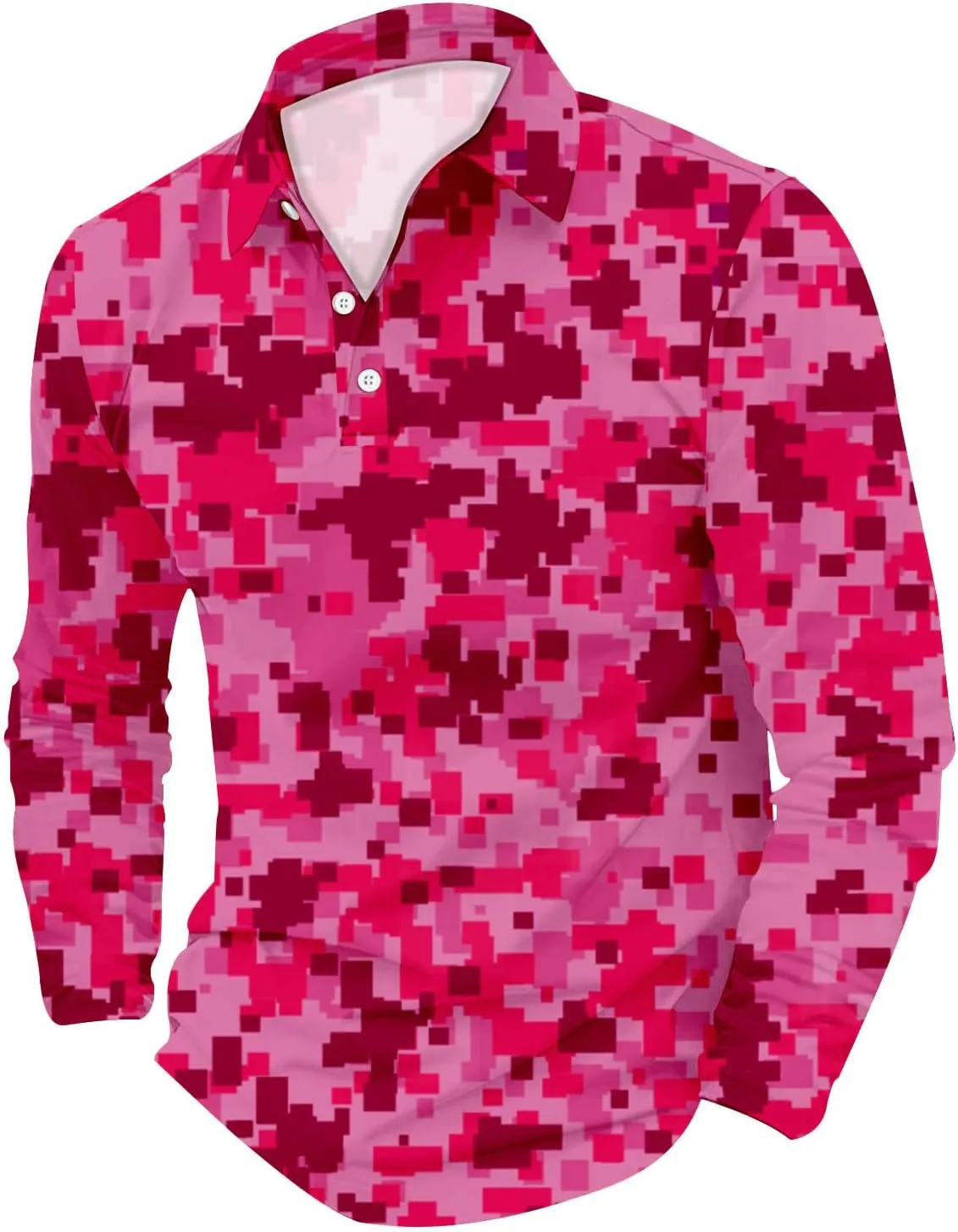Mens Polo Shirts Camo Quarter Button Shirts Casual Classic Lightweight Long Sleeve Golf Collared Shirt Athletic Tops