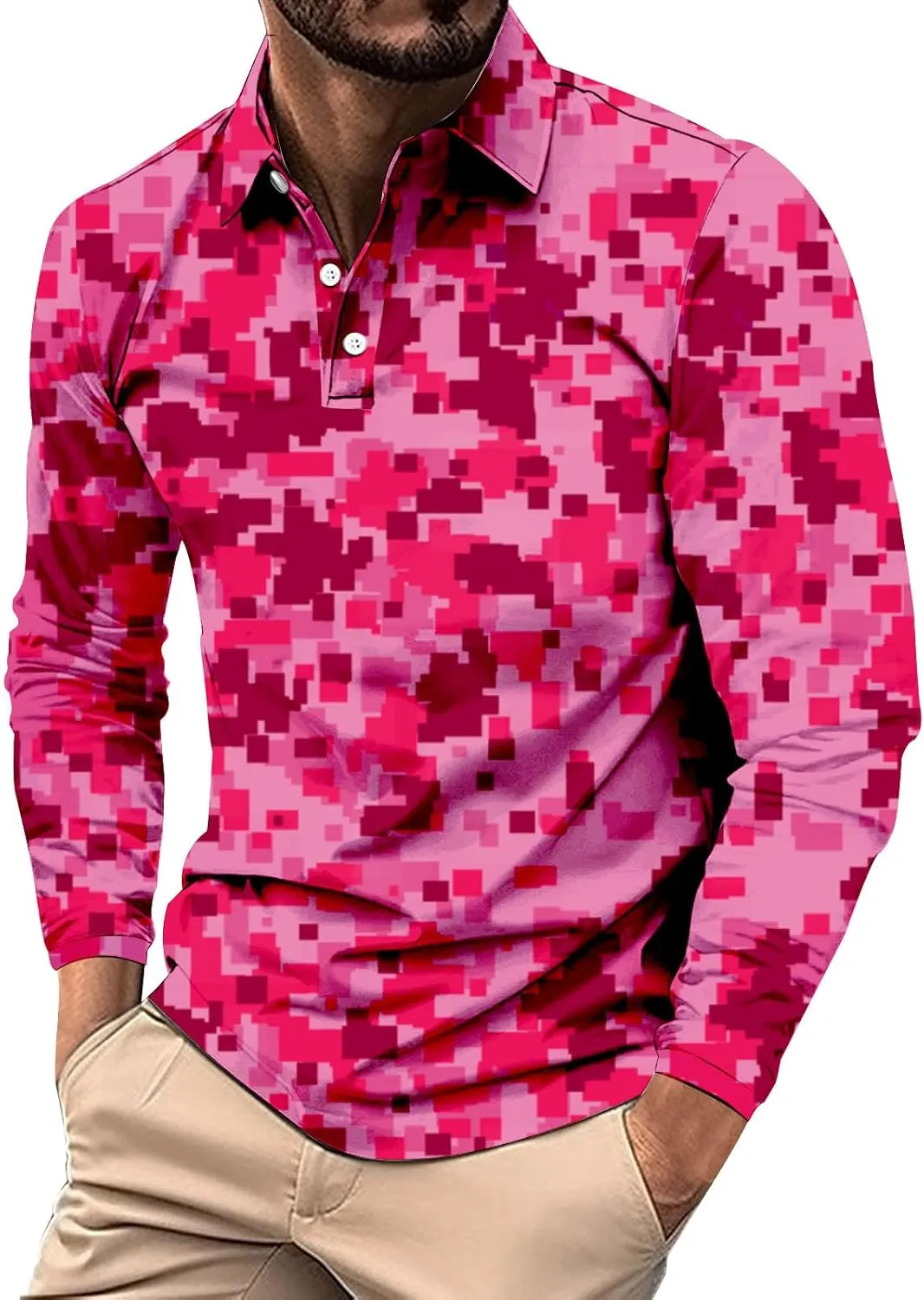 Mens Polo Shirts Camo Quarter Button Shirts Casual Classic Lightweight Long Sleeve Golf Collared Shirt Athletic Tops