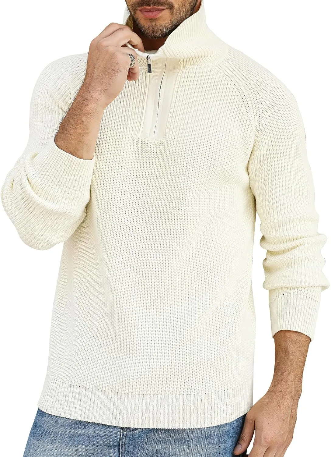 Men's Quarter-Zip Pullover Sweater Slim Fit Lightweight Sweaters Cable Knit Casual Polo Sweater Long Sleeve Sweaters