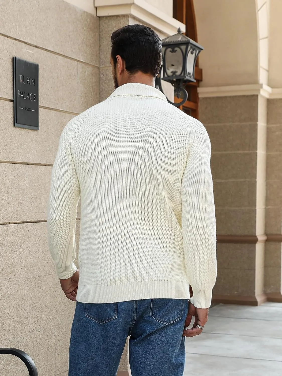 Men's Quarter-Zip Pullover Sweater Slim Fit Lightweight Sweaters Cable Knit Casual Polo Sweater Long Sleeve Sweaters