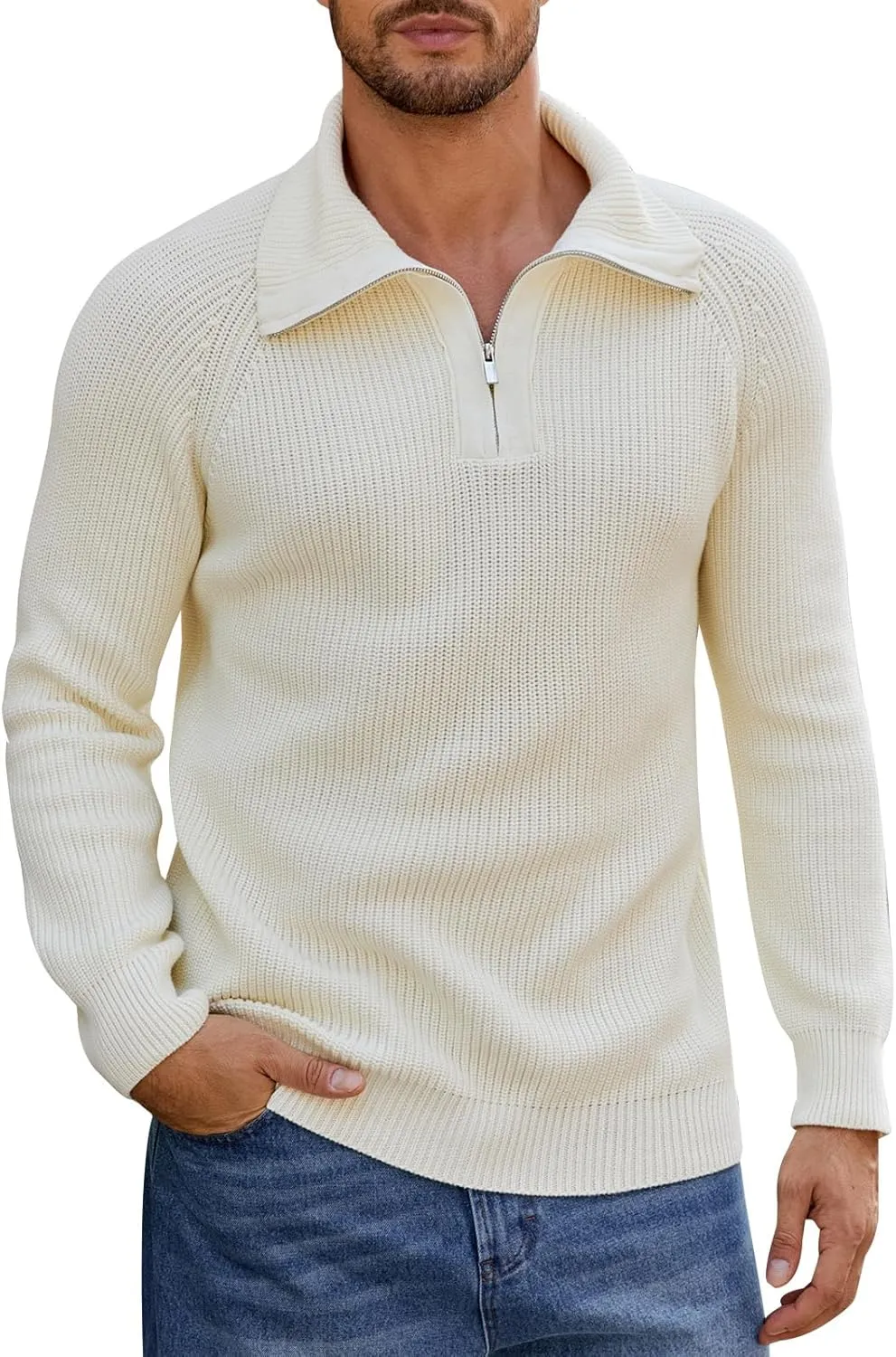 Men's Quarter-Zip Pullover Sweater Slim Fit Lightweight Sweaters Cable Knit Casual Polo Sweater Long Sleeve Sweaters