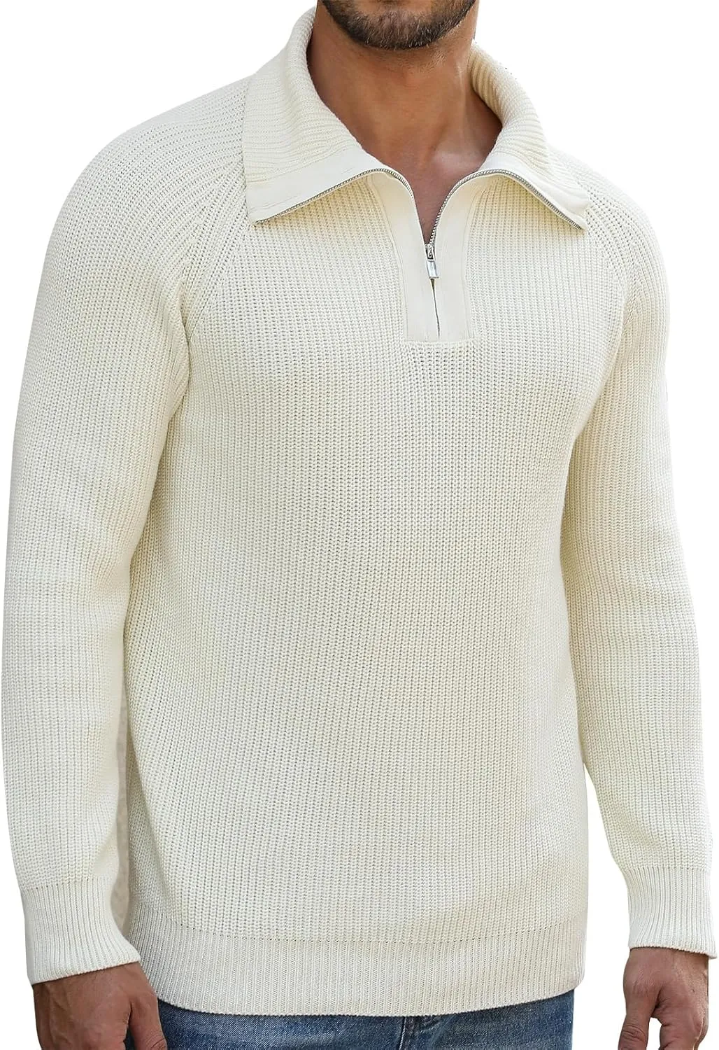 Men's Quarter-Zip Pullover Sweater Slim Fit Lightweight Sweaters Cable Knit Casual Polo Sweater Long Sleeve Sweaters