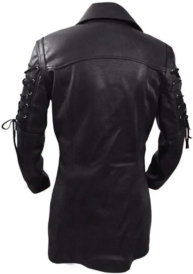 Men's Real Black Leather Goth Matrix Trench Coat Classic Retro Steampunk Motorcycle Biker Faux PU Leather Jacket Overcoat