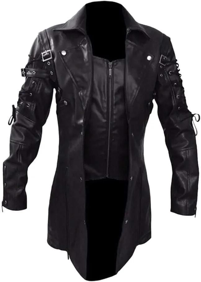 Men's Real Black Leather Goth Matrix Trench Coat Classic Retro Steampunk Motorcycle Biker Faux PU Leather Jacket Overcoat