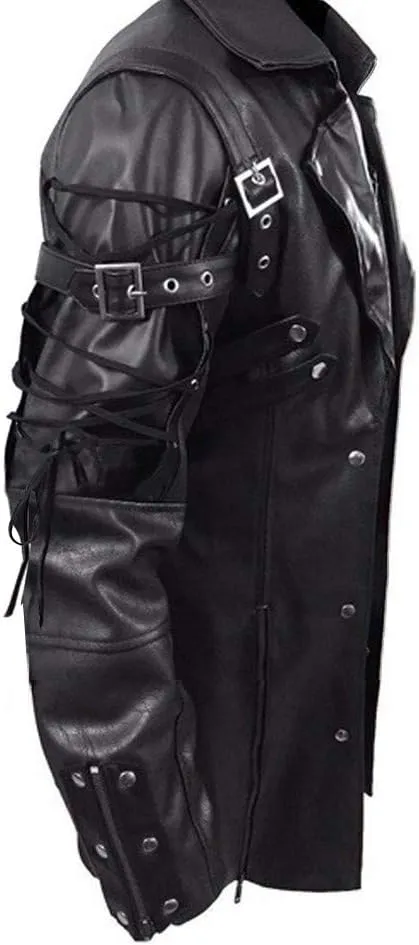 Men's Real Black Leather Goth Matrix Trench Coat Classic Retro Steampunk Motorcycle Biker Faux PU Leather Jacket Overcoat