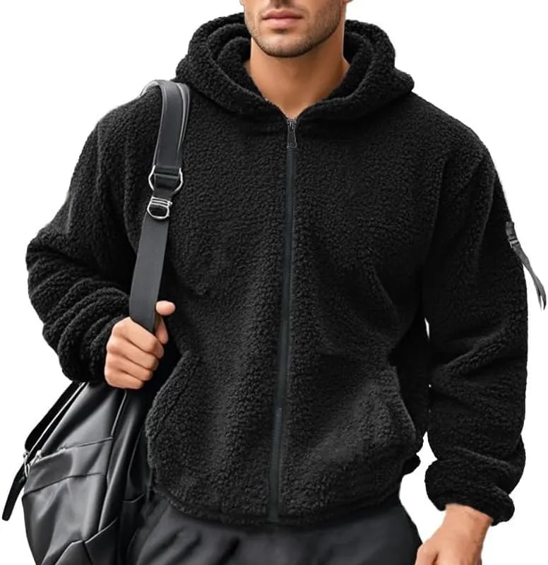 Men's Sherpa-Lined Athletic Hoodie Zip-Up Fleece Jacket Warm Sports Coat with Pockets