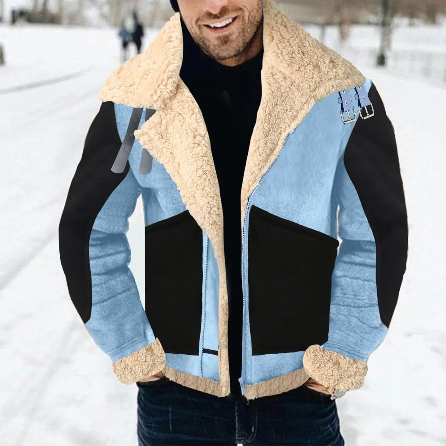 Mens Sherpa Lined Leather Jacket Color Block Suede Sherpa Shearling Faux Fur Leather Coat Winter Coats