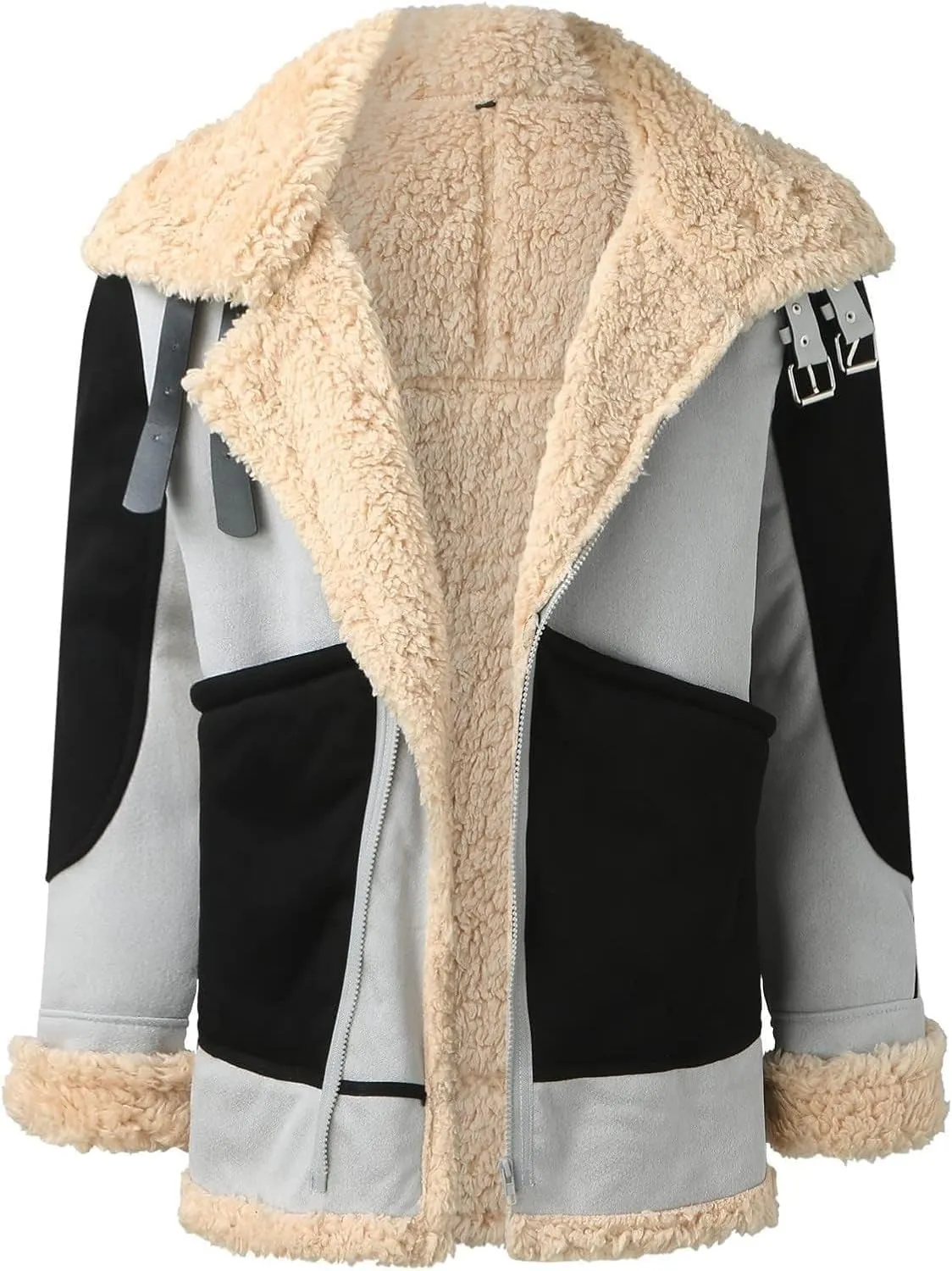 Mens Sherpa Lined Leather Jacket Color Block Suede Sherpa Shearling Faux Fur Leather Coat Winter Coats