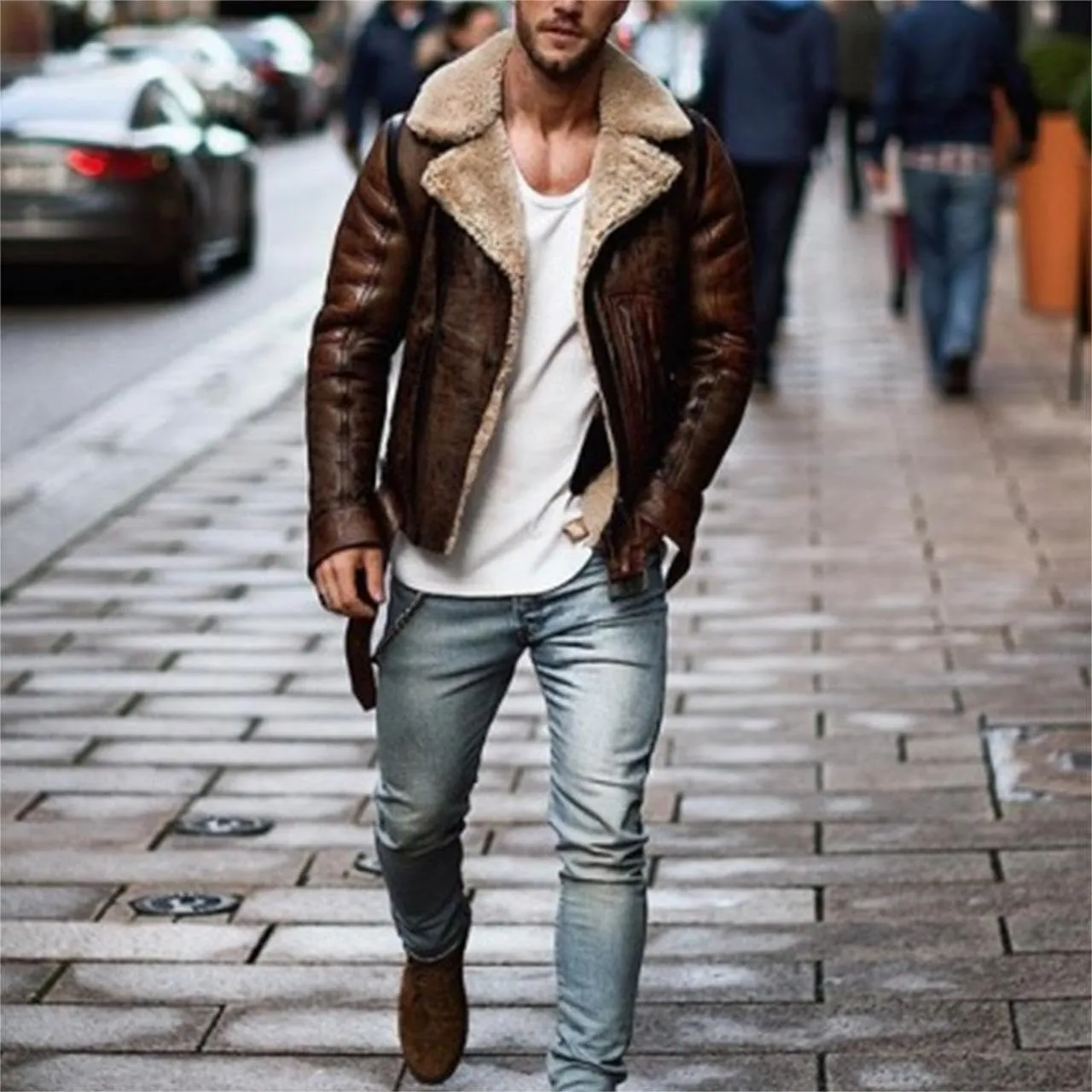 Men's Sherpa Lined Trucker Jackets Winter Warm Faux Leather Motorcycle Jacket Heavyweight Thick Fleece Jacket for Men