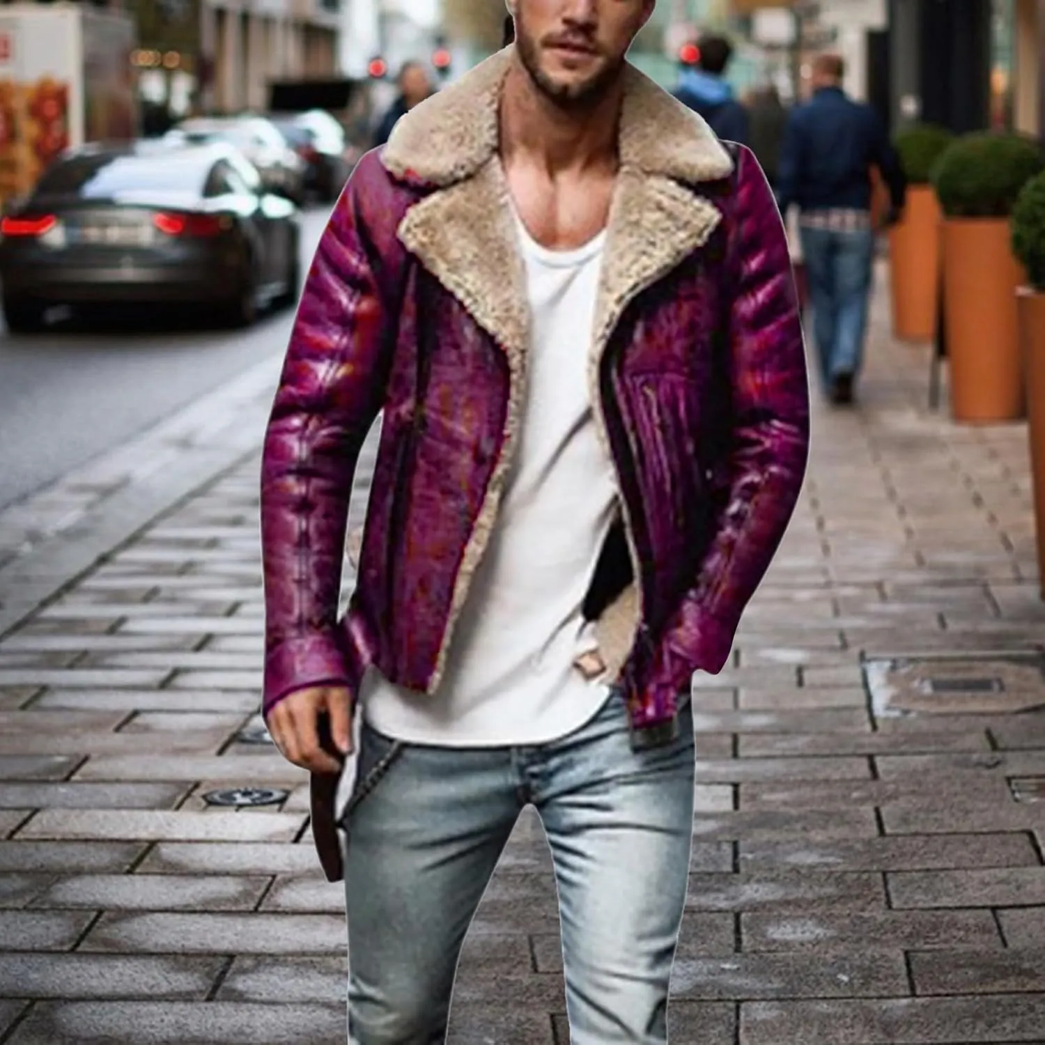 Men's Sherpa Lined Trucker Jackets Winter Warm Faux Leather Motorcycle Jacket Heavyweight Thick Fleece Jacket for Men