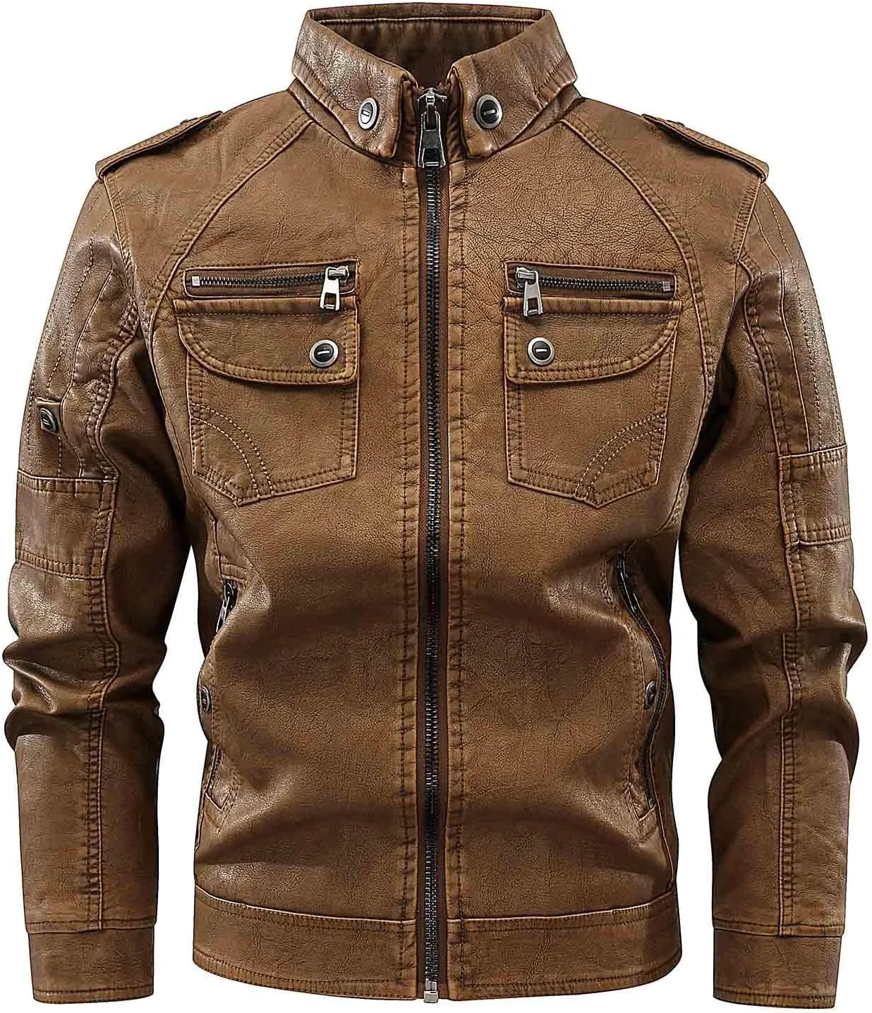 Mens Slim Fit Black Leather Jacket PU Leather Motorcycle Jacket Faux Leather Biker Jacket with Multi-Pockets