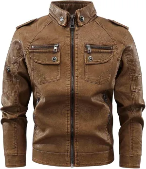 Mens Slim Fit Black Leather Jacket PU Leather Motorcycle Jacket Faux Leather Biker Jacket with Multi-Pockets