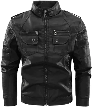 Mens Slim Fit Black Leather Jacket PU Leather Motorcycle Jacket Faux Leather Biker Jacket with Multi-Pockets
