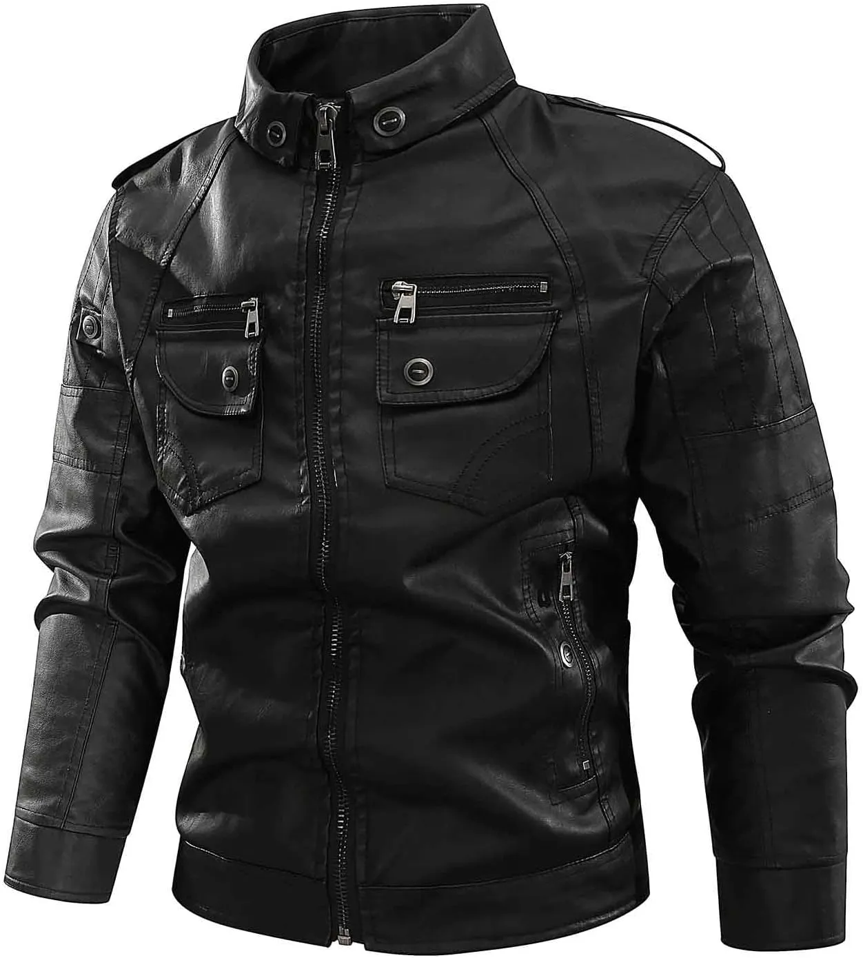 Mens Slim Fit Black Leather Jacket PU Leather Motorcycle Jacket Faux Leather Biker Jacket with Multi-Pockets