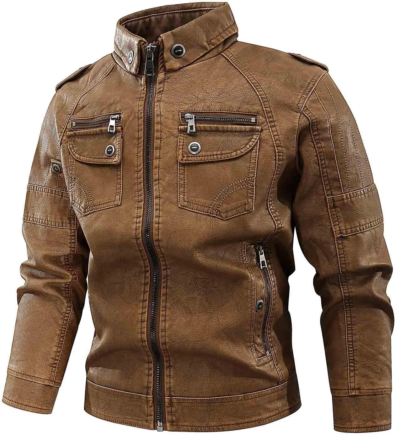 Mens Slim Fit Black Leather Jacket PU Leather Motorcycle Jacket Faux Leather Biker Jacket with Multi-Pockets