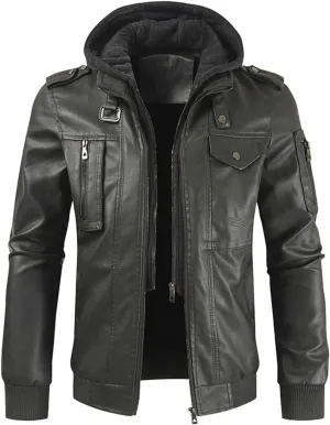 Mens Slim Fit Faux Leather Jacket With Hood Zip Up PU Leather Coat Motorcycle Biker Jacket with Pockets