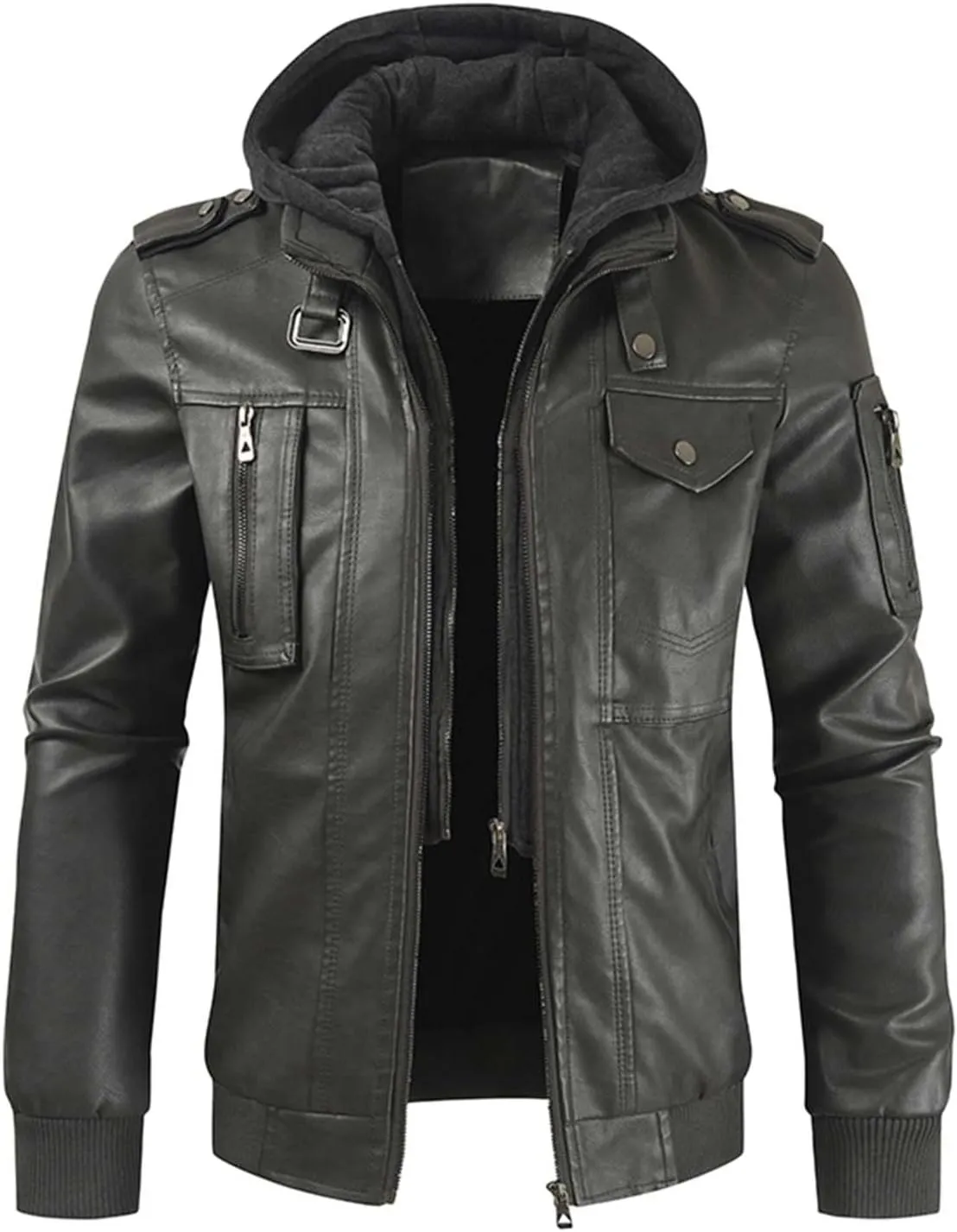 Mens Slim Fit Faux Leather Jacket With Hood Zip Up PU Leather Coat Motorcycle Biker Jacket with Pockets