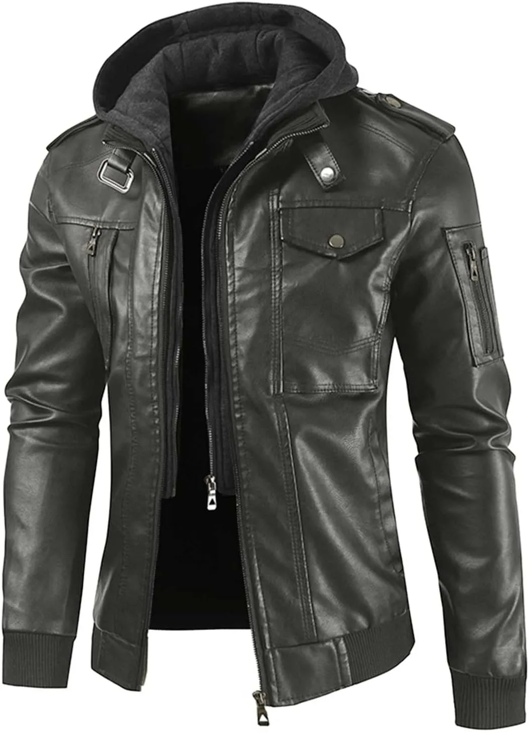 Mens Slim Fit Faux Leather Jacket With Hood Zip Up PU Leather Coat Motorcycle Biker Jacket with Pockets