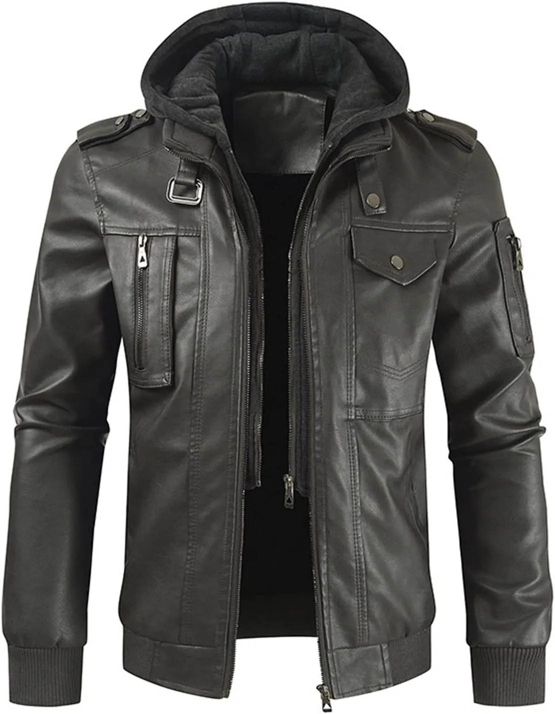 Mens Slim Fit Faux Leather Jacket With Hood Zip Up PU Leather Coat Motorcycle Biker Jacket with Pockets