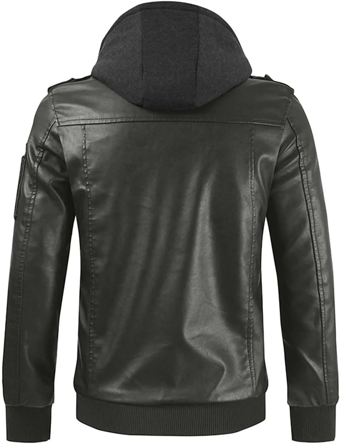 Mens Slim Fit Faux Leather Jacket With Hood Zip Up PU Leather Coat Motorcycle Biker Jacket with Pockets