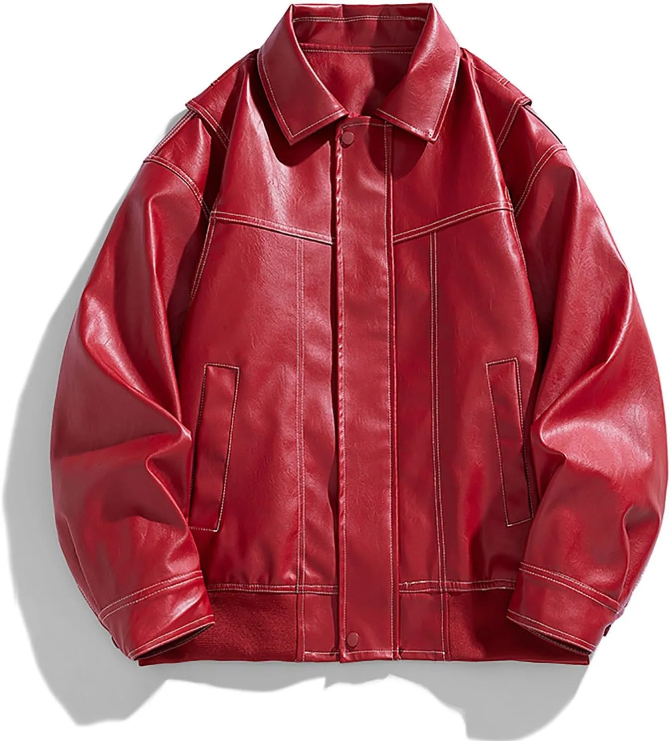 Men's Solid Color Long Sleeve PU Leather Jacket Casual Stand Collar Pu Faux Zip-Up Motorcycle Biker Bomber Jackets