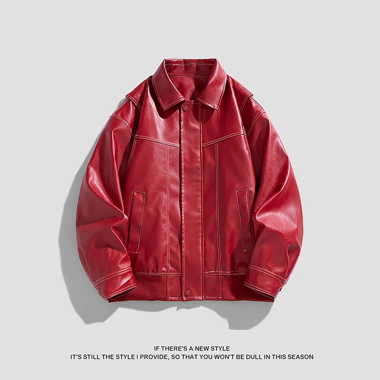 Men's Solid Color Long Sleeve PU Leather Jacket Casual Stand Collar Pu Faux Zip-Up Motorcycle Biker Bomber Jackets