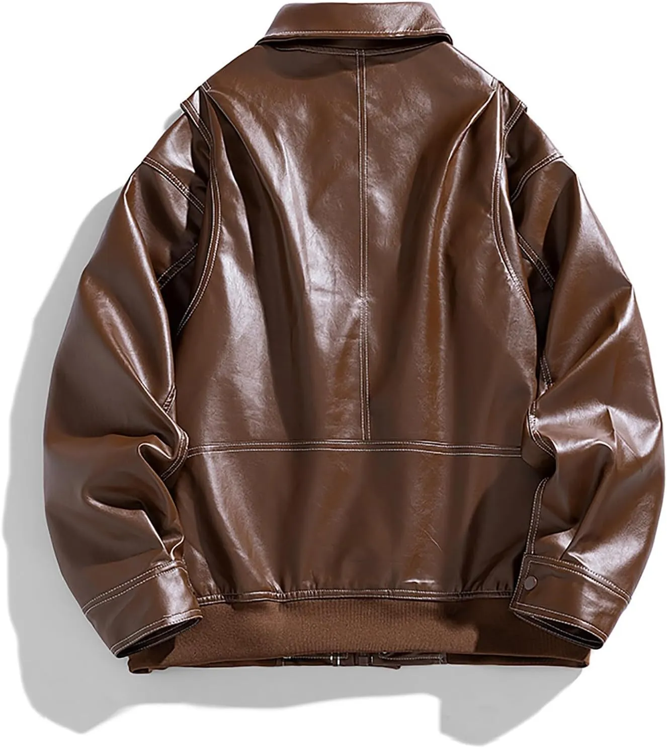 Men's Solid Color Long Sleeve PU Leather Jacket Casual Stand Collar Pu Faux Zip-Up Motorcycle Biker Bomber Jackets