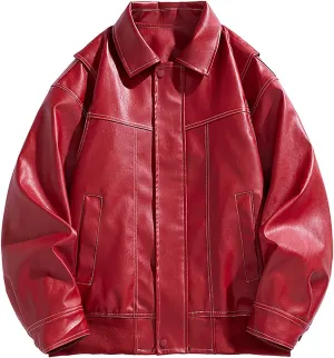 Men's Solid Color Long Sleeve PU Leather Jacket Casual Stand Collar Pu Faux Zip-Up Motorcycle Biker Bomber Jackets
