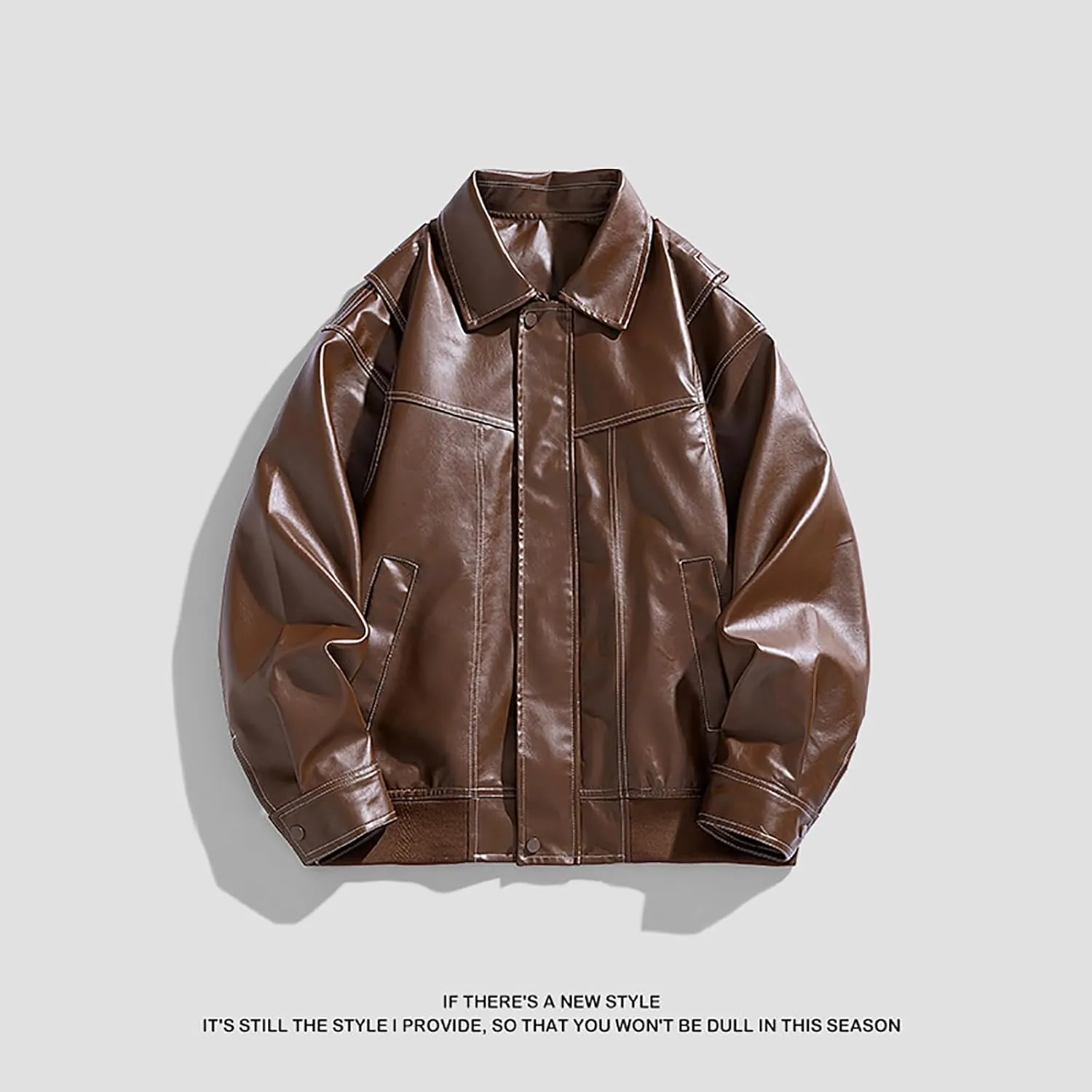 Men's Solid Color Long Sleeve PU Leather Jacket Casual Stand Collar Pu Faux Zip-Up Motorcycle Biker Bomber Jackets