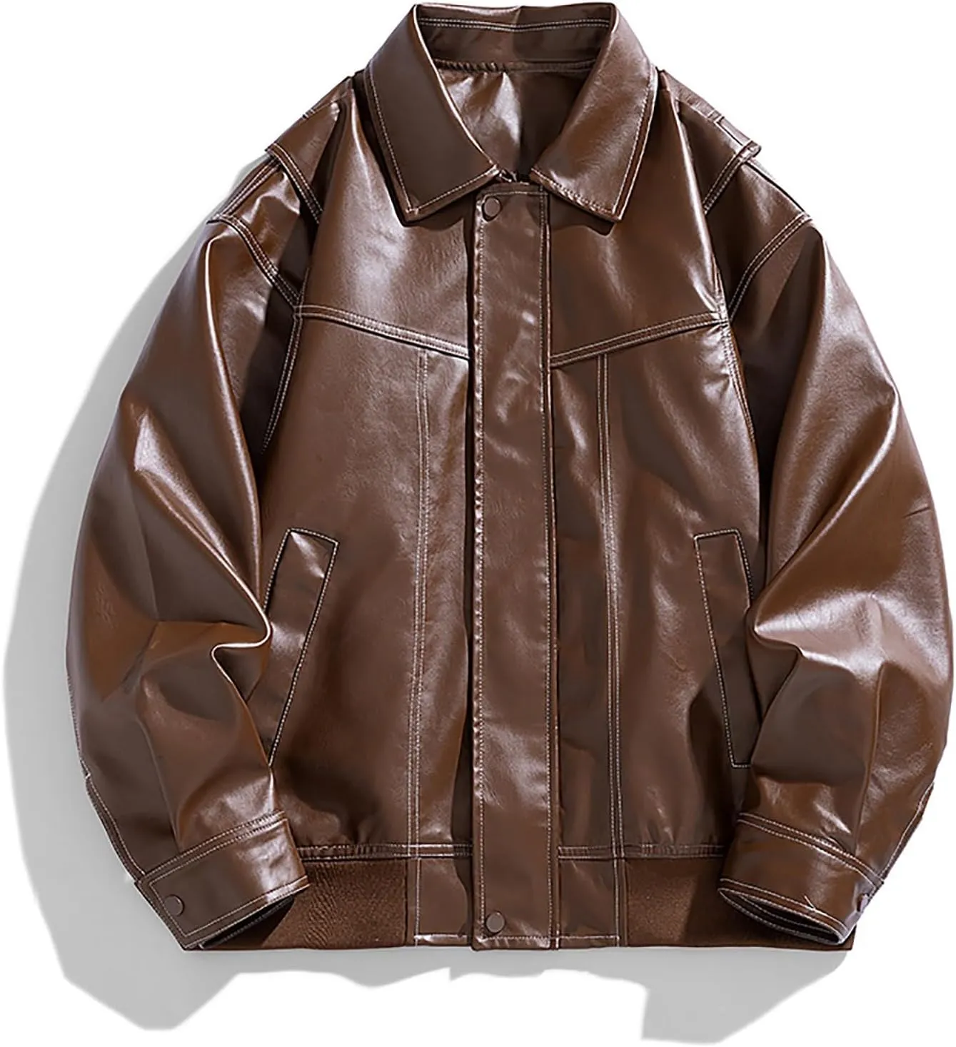 Men's Solid Color Long Sleeve PU Leather Jacket Casual Stand Collar Pu Faux Zip-Up Motorcycle Biker Bomber Jackets
