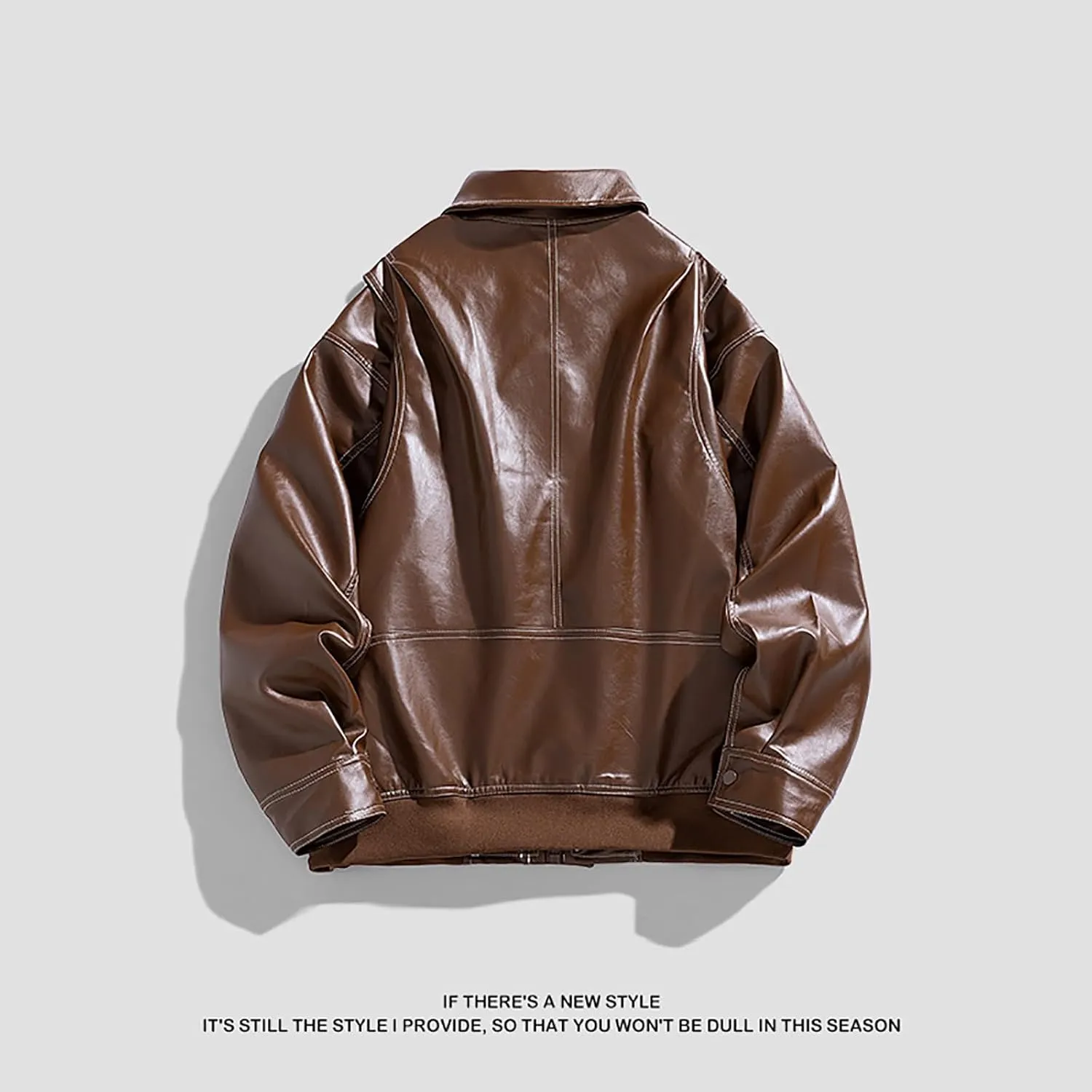 Men's Solid Color Long Sleeve PU Leather Jacket Casual Stand Collar Pu Faux Zip-Up Motorcycle Biker Bomber Jackets