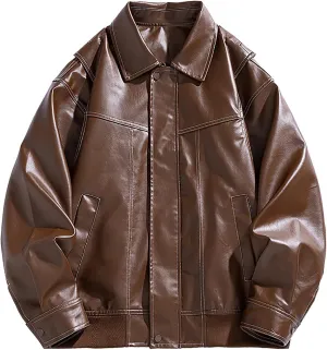 Men's Solid Color Long Sleeve PU Leather Jacket Casual Stand Collar Pu Faux Zip-Up Motorcycle Biker Bomber Jackets