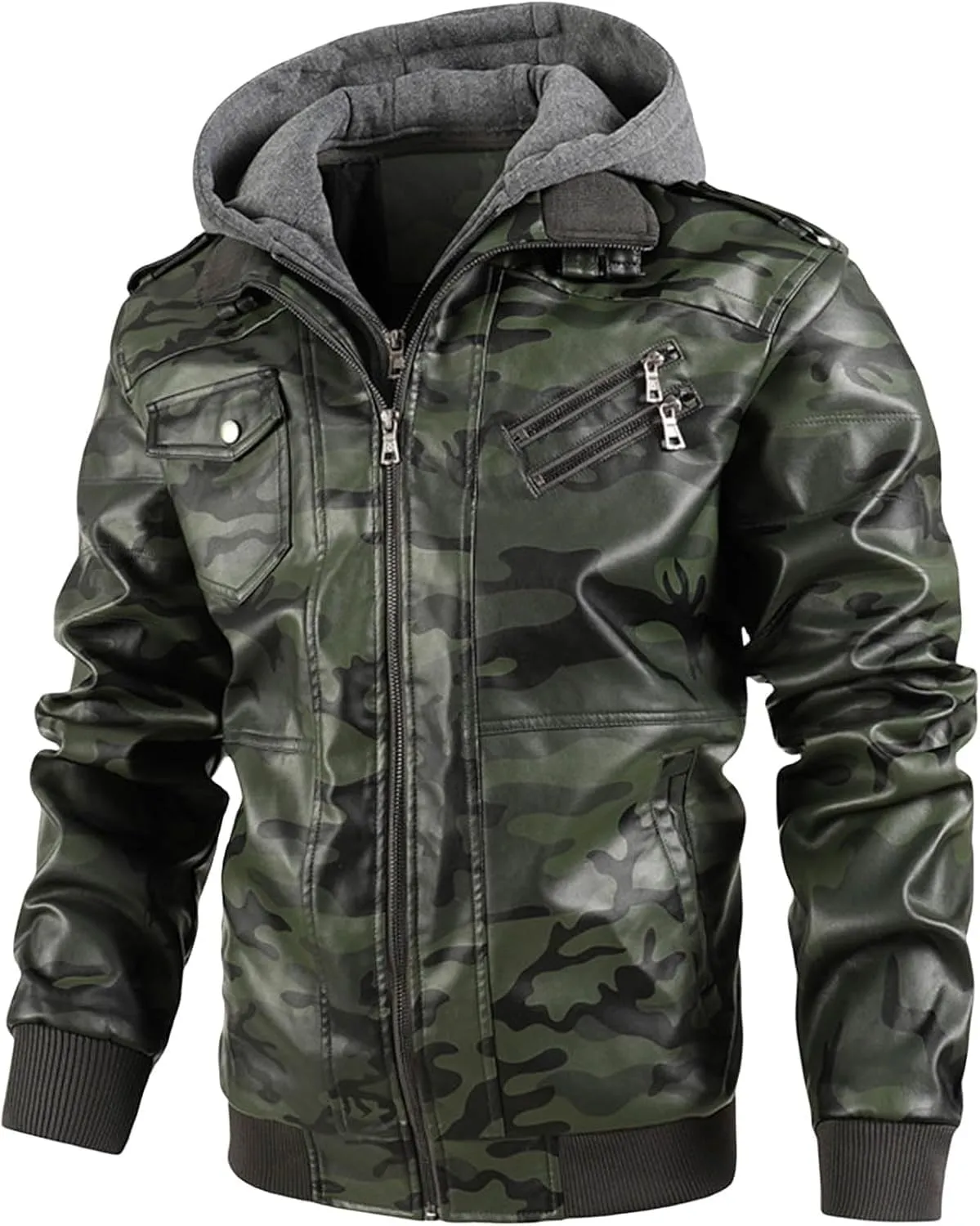 Men's Stand Collar Faux Leather Bomber Jacket Removable Hood Motorcycle Casual Coat