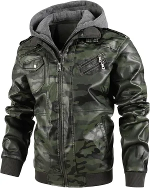 Men's Stand Collar Faux Leather Bomber Jacket Removable Hood Motorcycle Casual Coat
