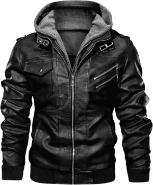 Men's Stand Collar Faux Leather Bomber Jacket Removable Hood Motorcycle Casual Coat