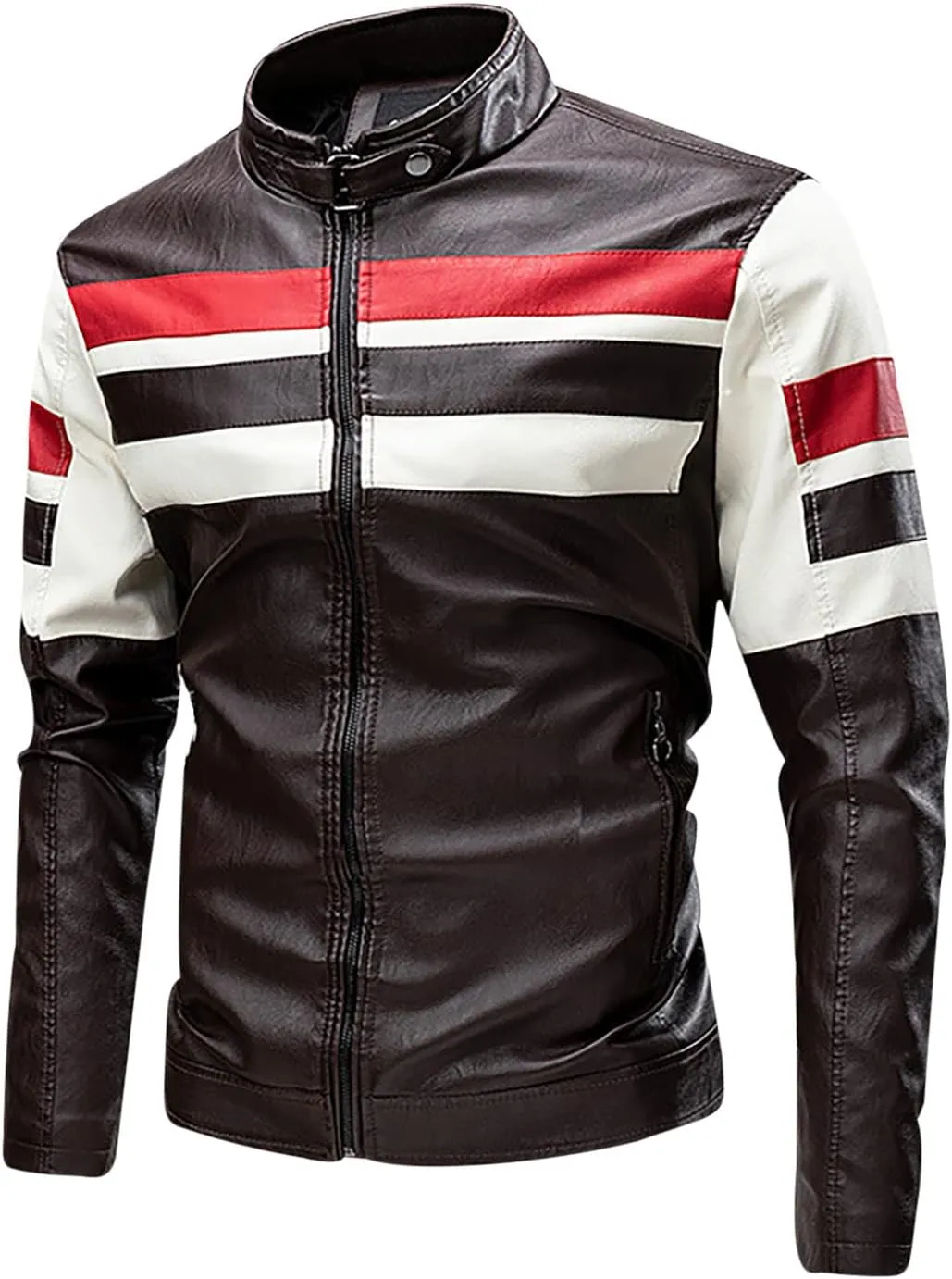 Men's Stand Collar Fleece Lined Bomber Faux Leather Jacket Motorcycle Leather Sherpa Jackets Casual Winter Warm Coat