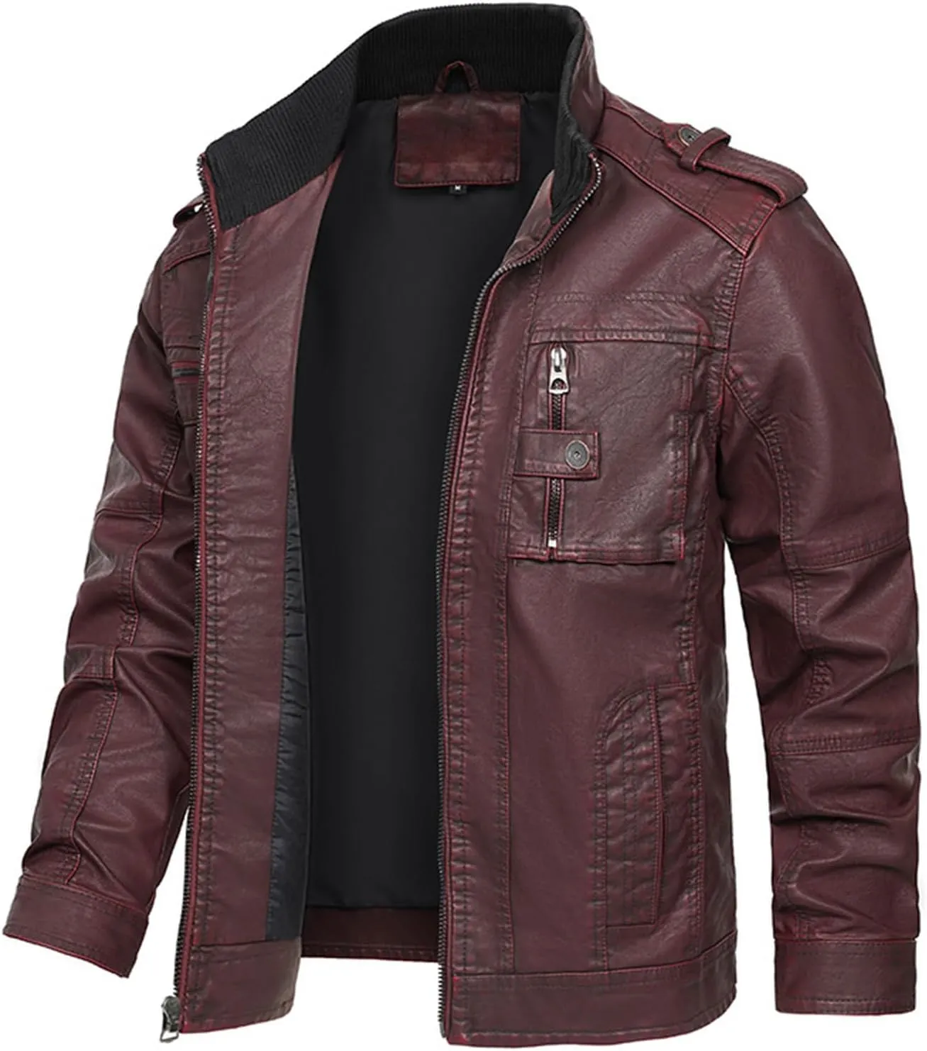 Men's Stand Collar Leather Jacket Motorcycle Lightweight Faux Leather Outwear Long Sleeve Fall Winter Vintage Coats