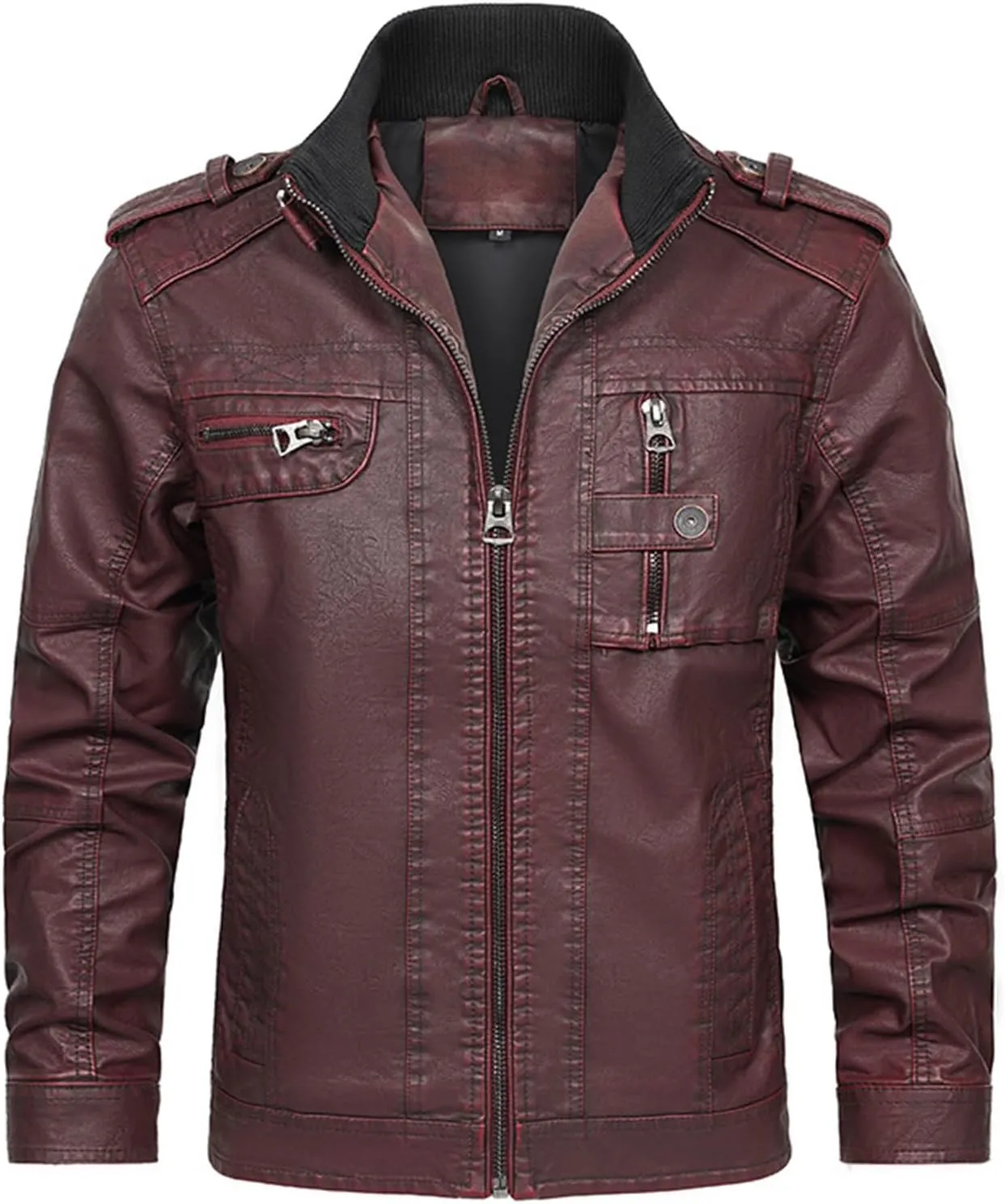 Men's Stand Collar Leather Jacket Motorcycle Lightweight Faux Leather Outwear Long Sleeve Fall Winter Vintage Coats