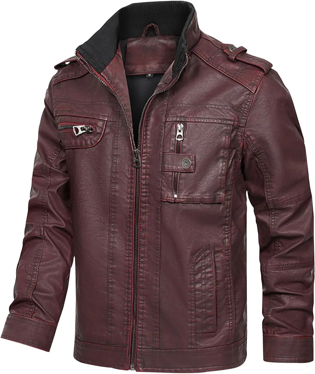 Men's Stand Collar Leather Jacket Motorcycle Lightweight Faux Leather Outwear Long Sleeve Fall Winter Vintage Coats