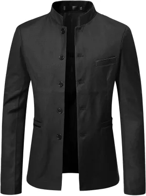 Mens Stand Mandarin Collar Suit Blazer Jackets Single Breasted Business Dress Coat Lightweight Lined Sport Coats