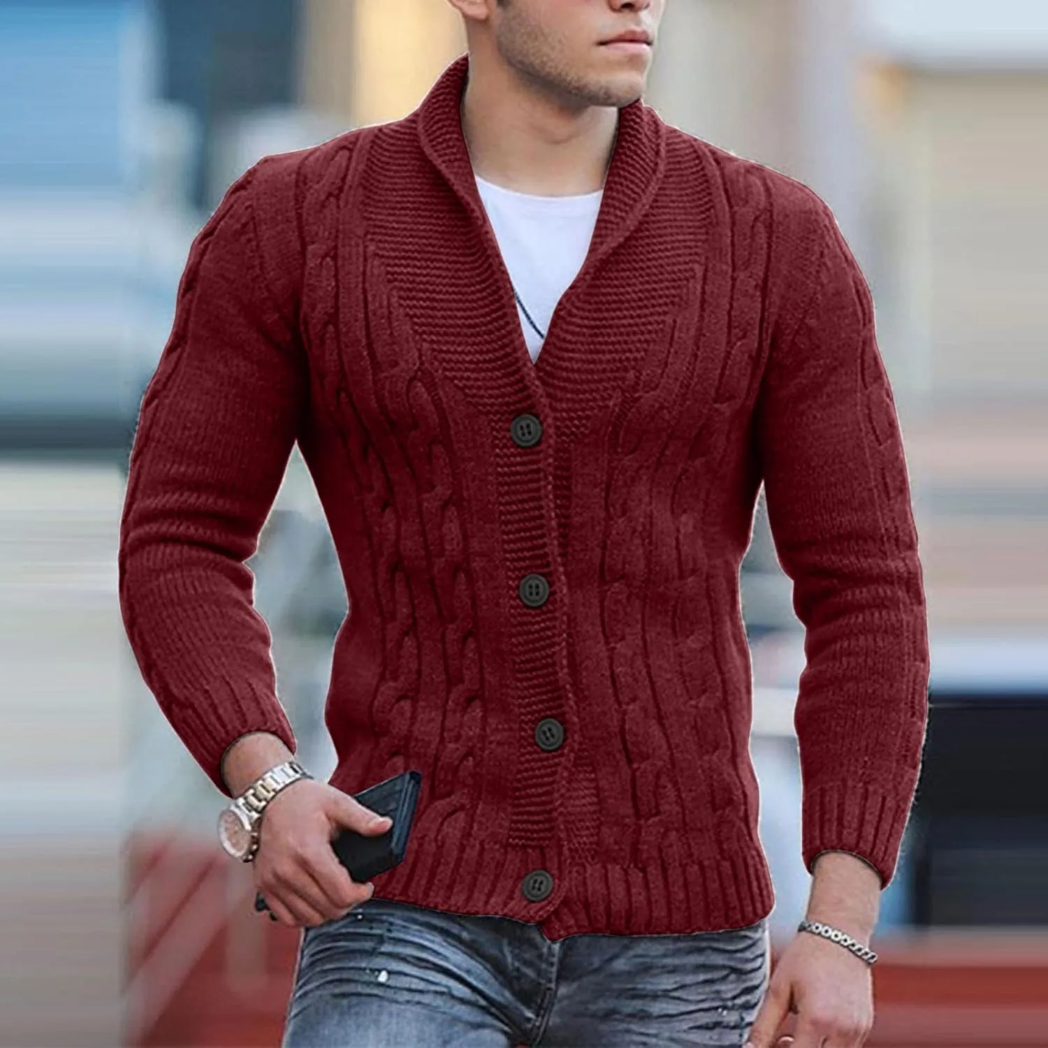 Men's V Neck Sweater Long Sleeve Shawl Collar Pullover Knitted Button Down Tops Solid Color Knitwear Oversize Sweater