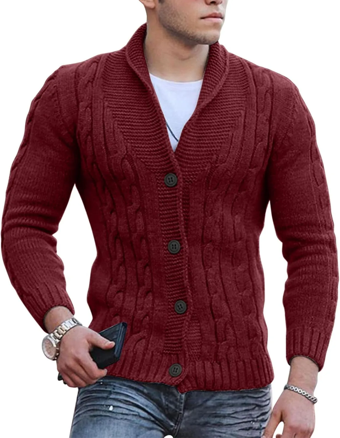 Men's V Neck Sweater Long Sleeve Shawl Collar Pullover Knitted Button Down Tops Solid Color Knitwear Oversize Sweater