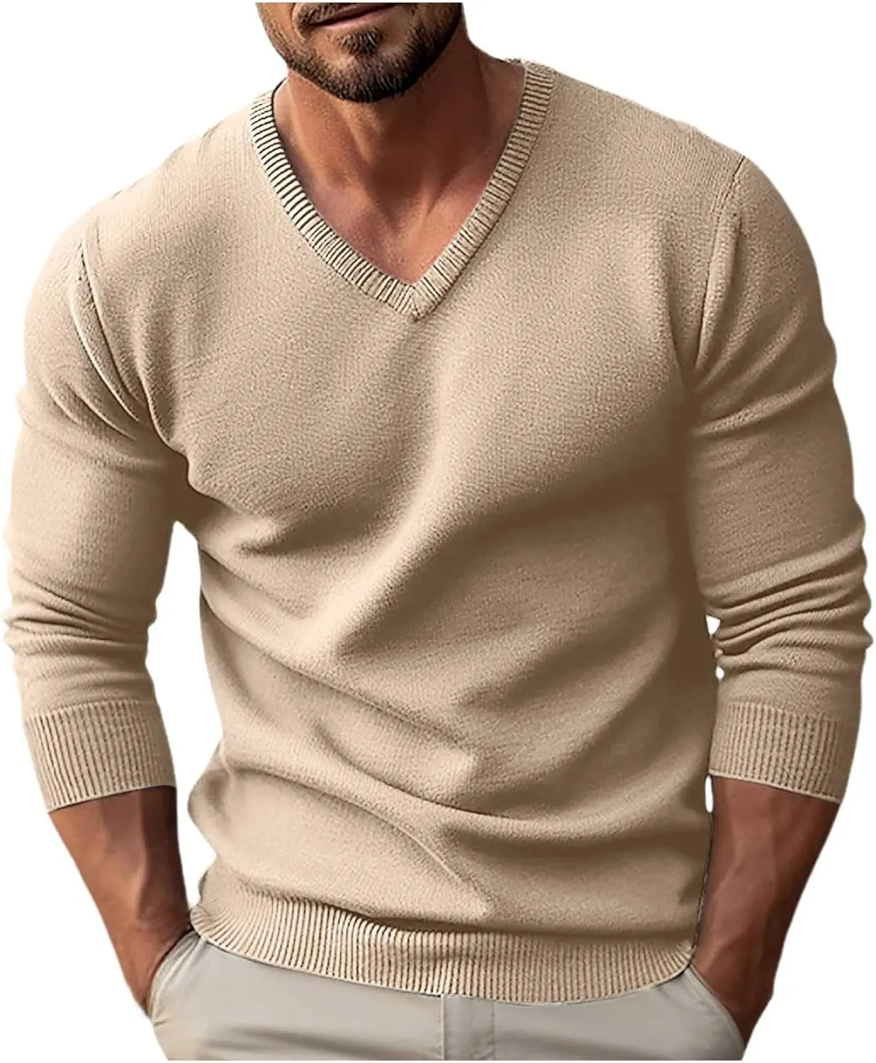 Men's V Neck Sweater Solid Color Long Sleeve Pullover Ribbed Knitted Tops Lightweight Casual Loose Oversize Sweater