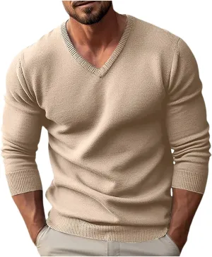 Men's V Neck Sweater Solid Color Long Sleeve Pullover Ribbed Knitted Tops Lightweight Casual Loose Oversize Sweater