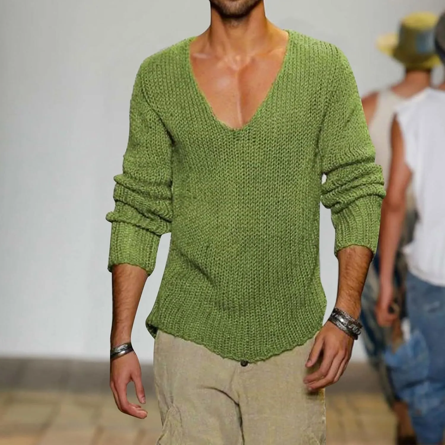 Men's V Neck Sweater Solid Color Long Sleeve Pullover Slim Fit Knitted Tops Lightweight Casual Fall Fashion Sweater