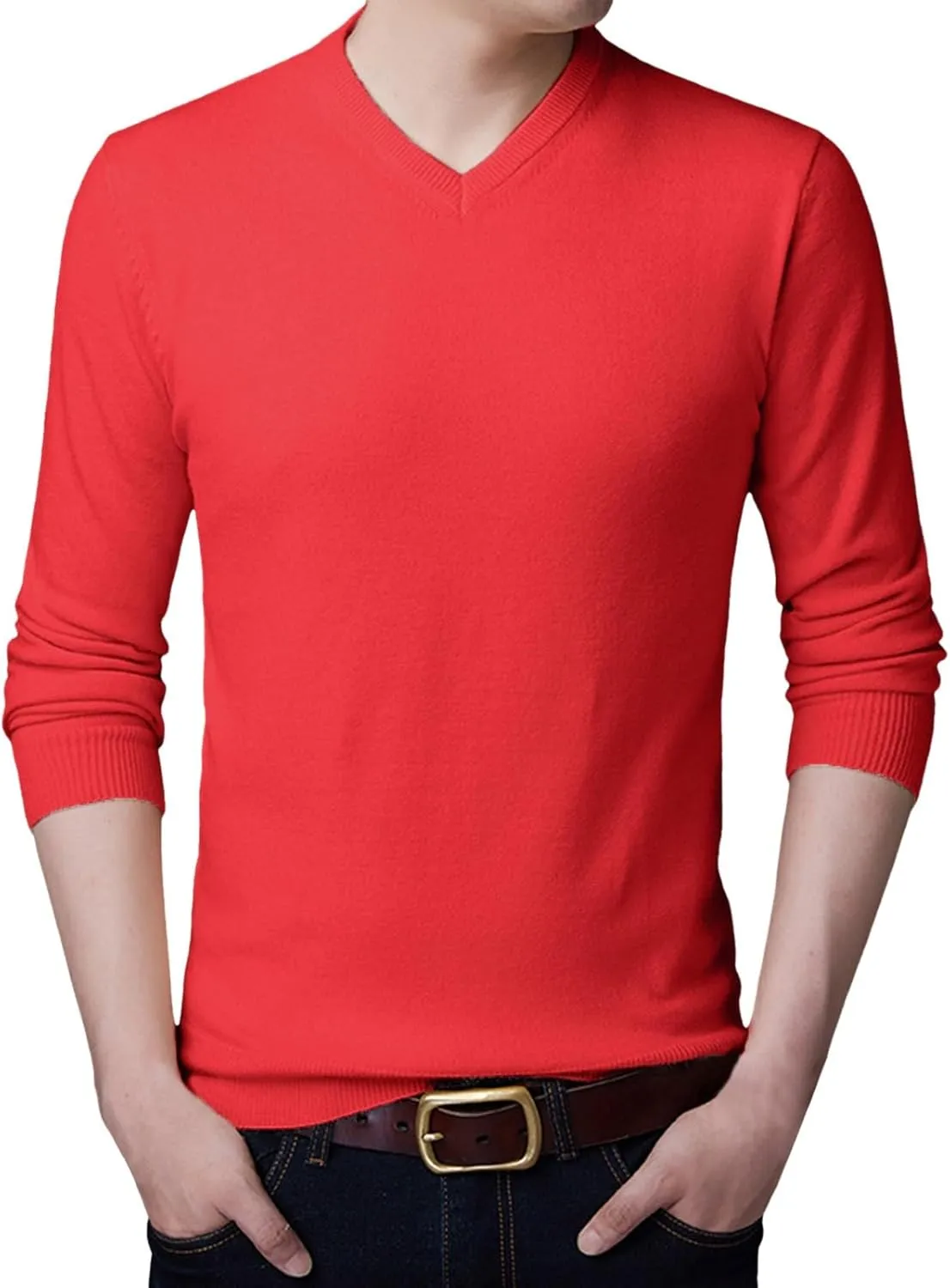 Men's V Neck Sweater Solid Color Long Sleeve Pullover Slim Fit Knitted Tops Lightweight Casual Fall Fashion Sweater