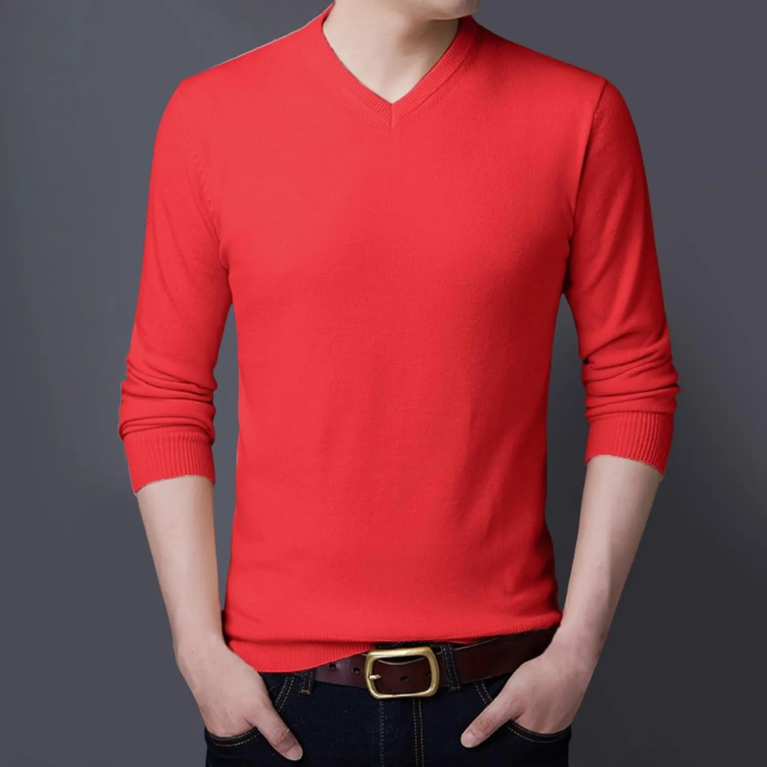 Men's V Neck Sweater Solid Color Long Sleeve Pullover Slim Fit Knitted Tops Lightweight Casual Fall Fashion Sweater