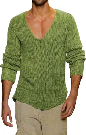 Men's V Neck Sweater Solid Color Long Sleeve Pullover Slim Fit Knitted Tops Lightweight Casual Fall Fashion Sweater