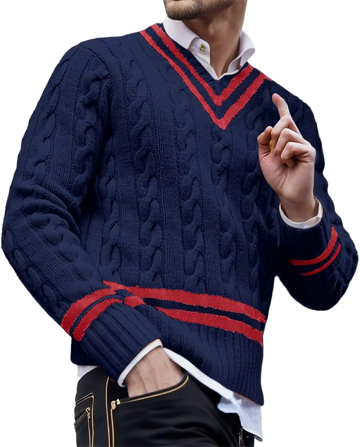 Men's V Neck Sweater Solid Color Long Sleeve Pullover Slim Fit Knitted Tops Lightweight Casual Fall Fashion Sweater