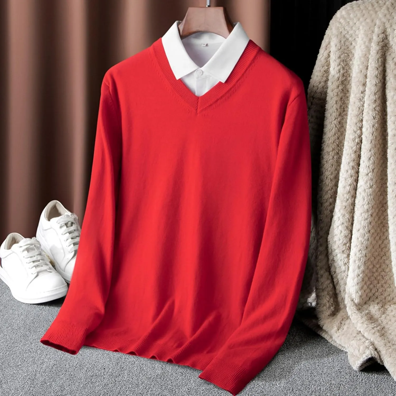 Men's V Neck Sweater Solid Color Long Sleeve Pullover Slim Fit Knitted Tops Lightweight Casual Fall Fashion Sweater